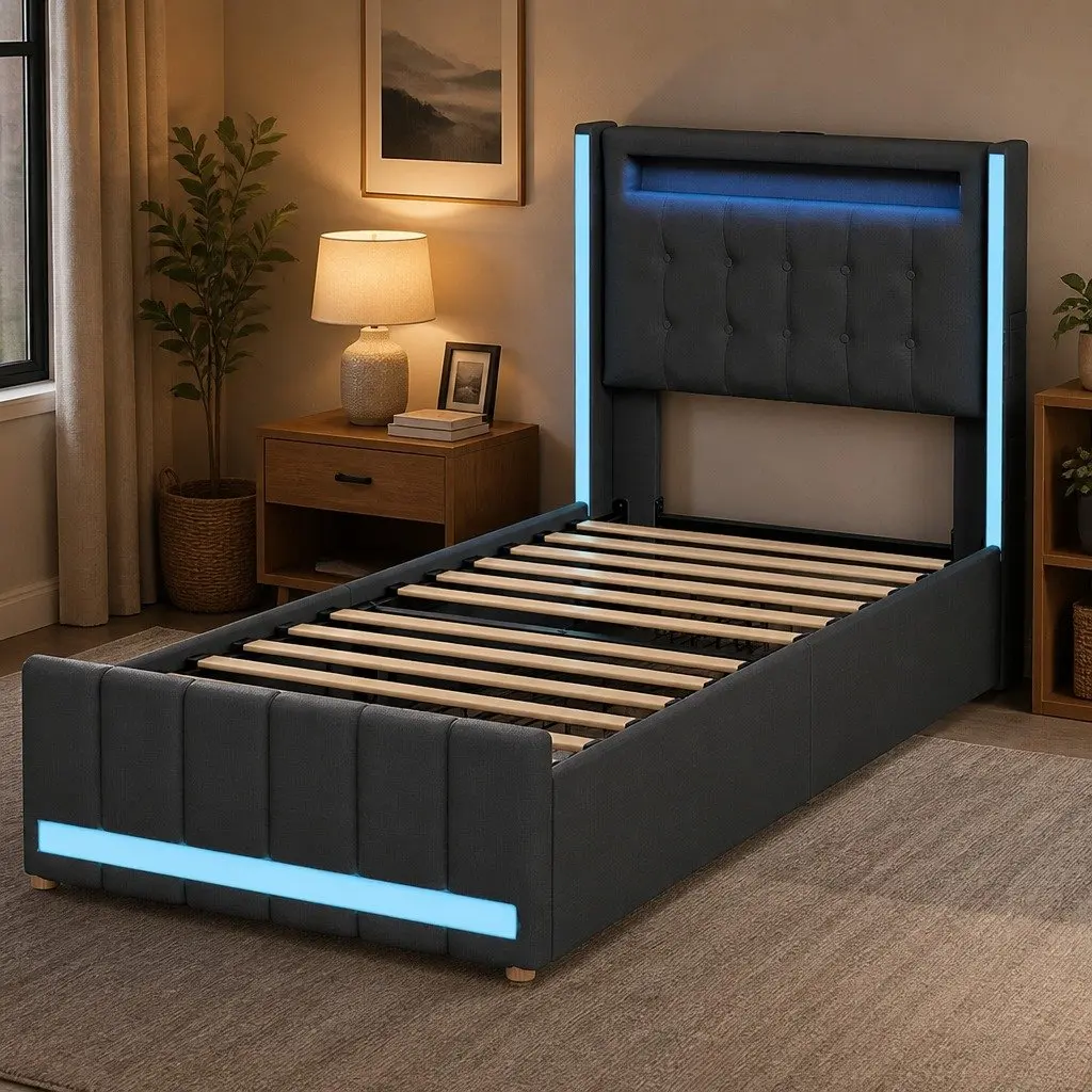 Single Bed Frame with Storage Drawers RGB LED USB Charging Headboard Linen Grey
