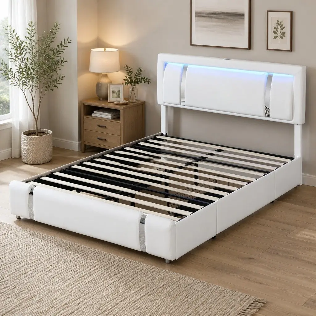 Double Bed Frame Adjustable Headboard USB Charging LED Light with Storage Drawers White