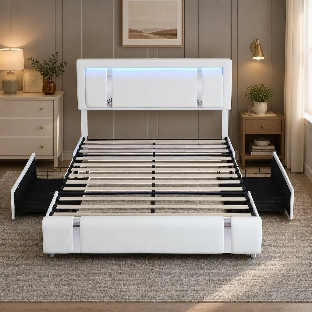 Double Bed Frame Adjustable Headboard USB Charging LED Light with Storage Drawers White