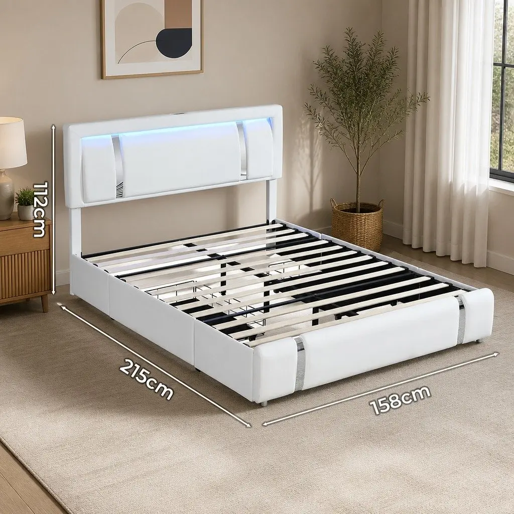 Double Bed Frame Adjustable Headboard USB Charging LED Light with Storage Drawers White
