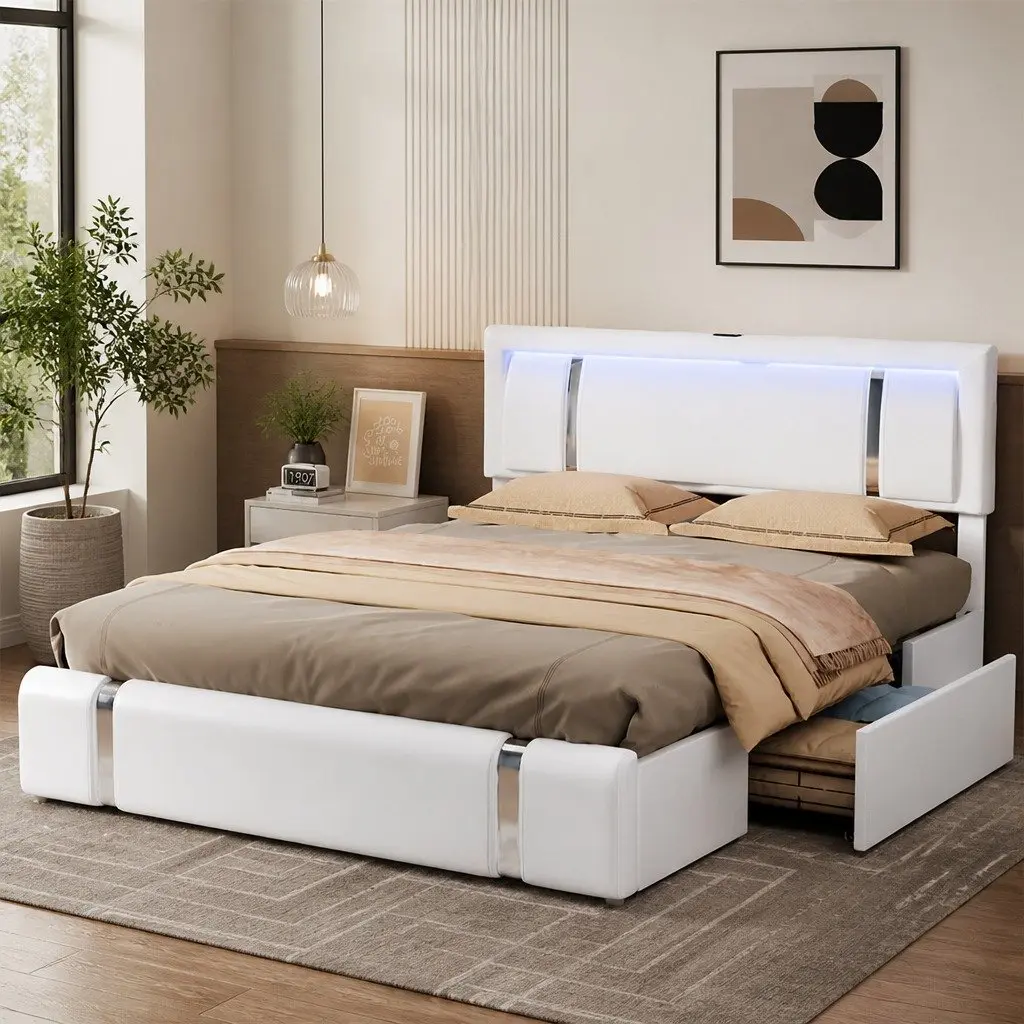 Double Bed Frame Adjustable Headboard USB Charging LED Light with Storage Drawers White