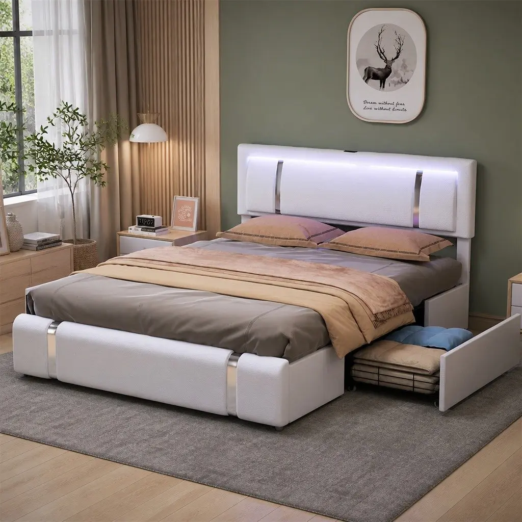 Double Bed Frame Adjustable Headboard USB Charging LED Light with Storage Drawers White