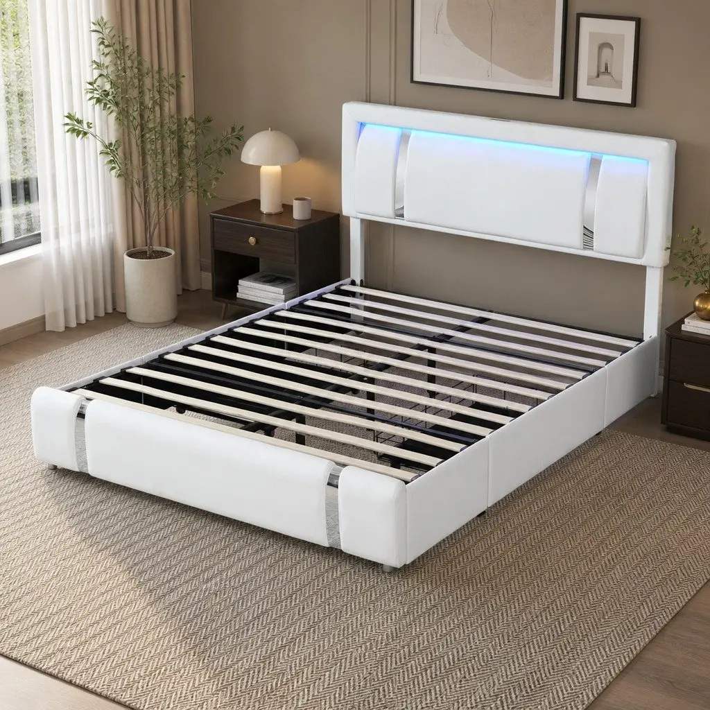 Double Bed Frame Adjustable Headboard USB Charging LED Light with Storage Drawers White