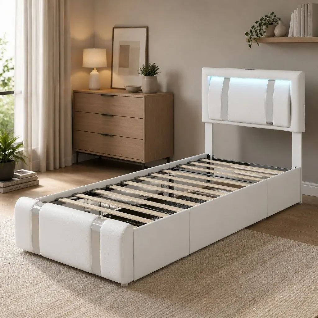 Single Bed Frame with LED Lights and Storage