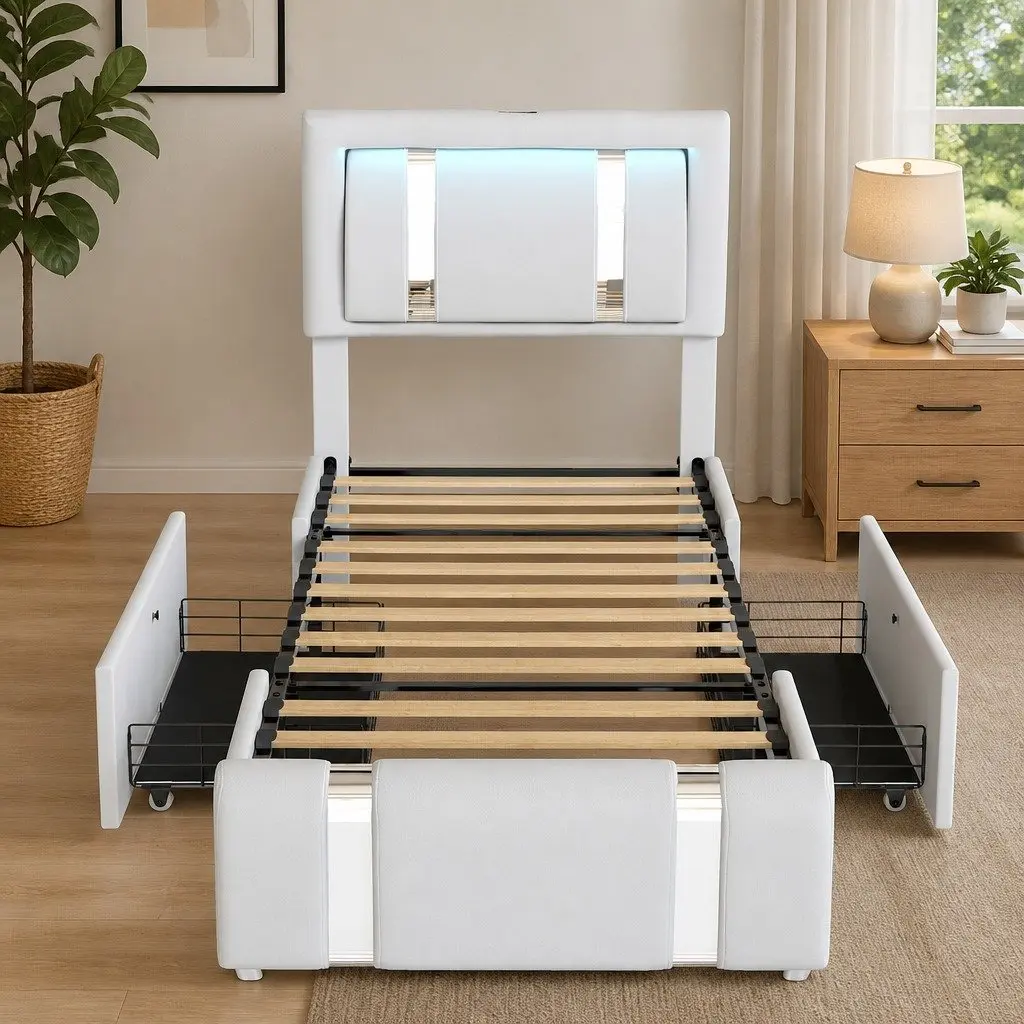 Single Bed Frame with LED Lights and Storage