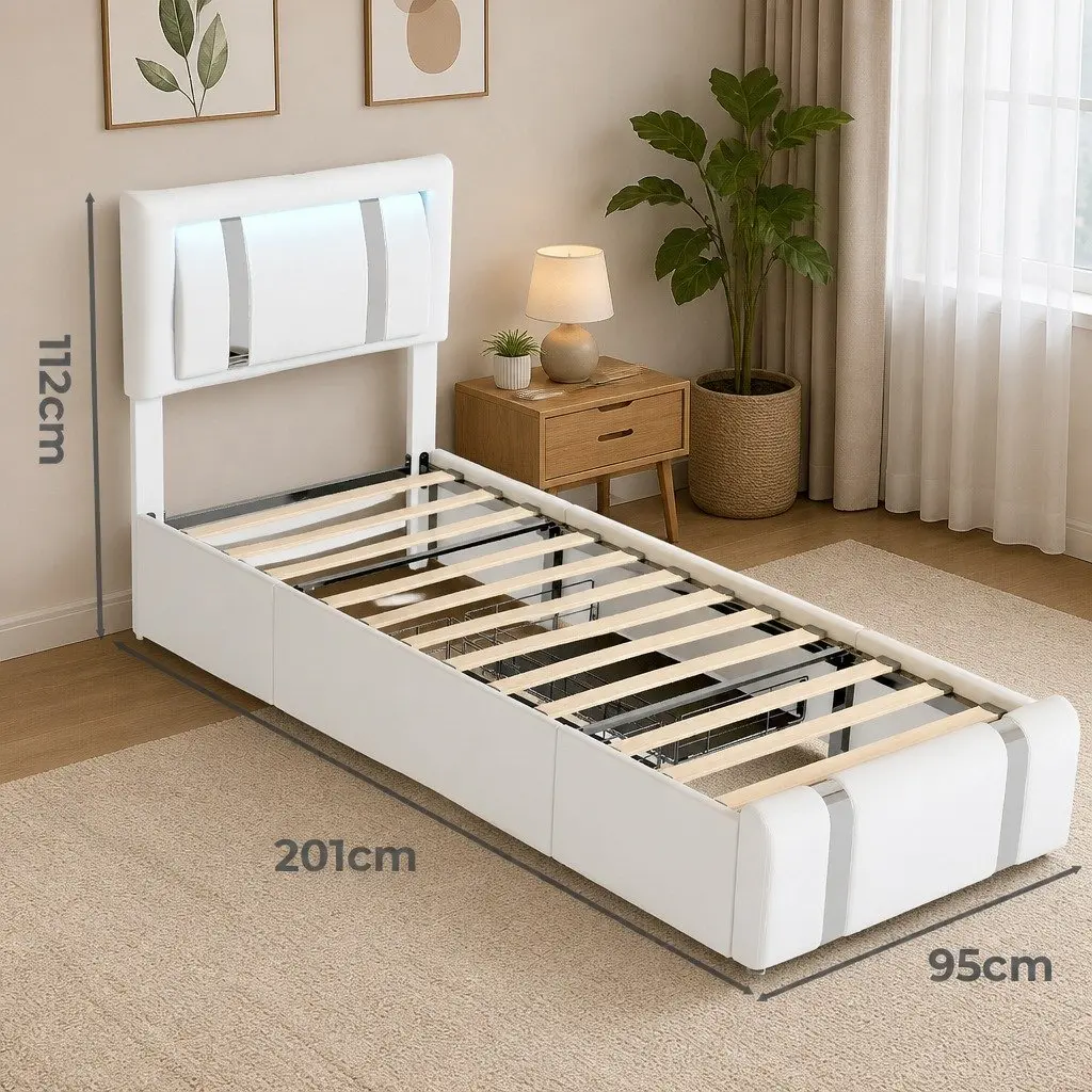 Single Bed Frame with LED Lights and Storage