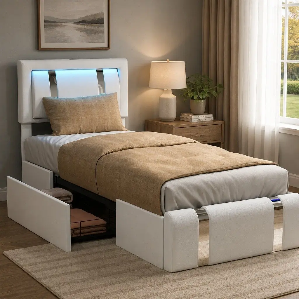 Single Bed Frame with LED Lights and Storage