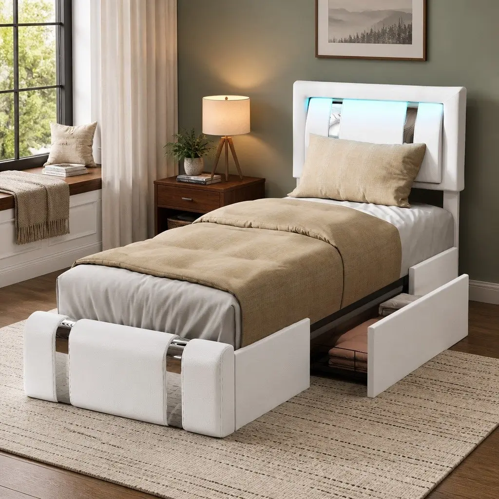 Single Bed Frame with LED Lights and Storage