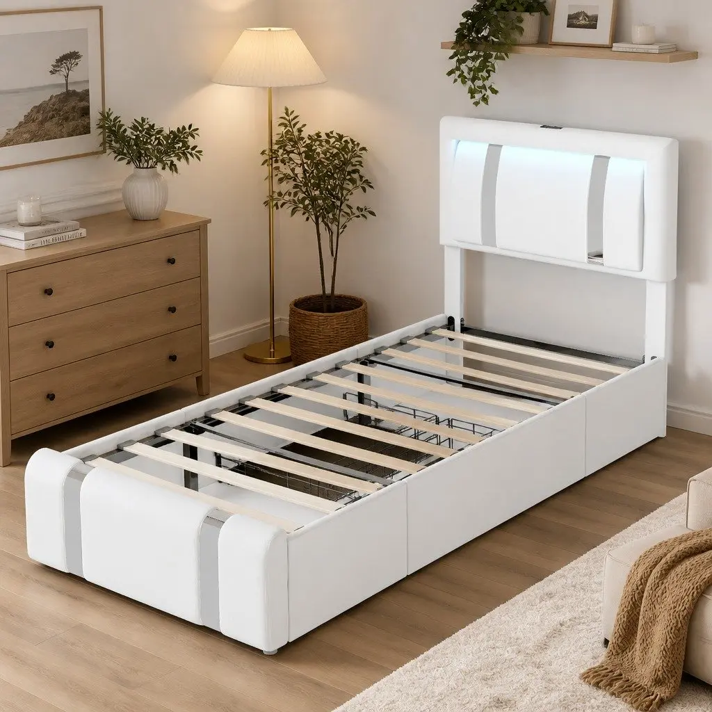 Single Bed Frame with LED Lights and Storage