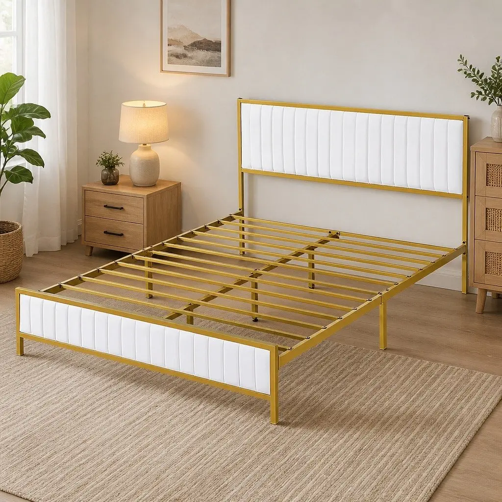 Double Bed Frame Padded Headboard Under Bed Storage Beige