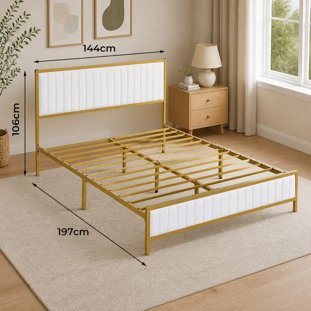 Double Bed Frame Padded Headboard Under Bed Storage Beige