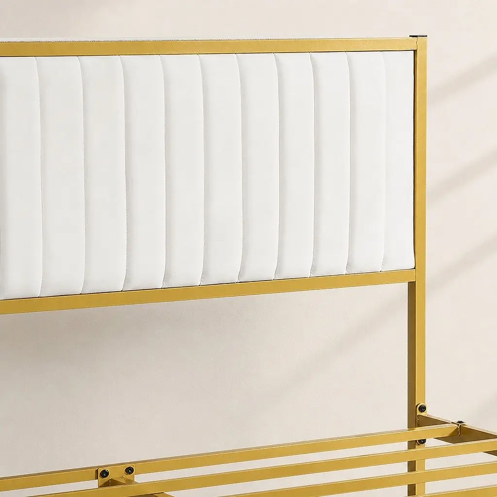Double Bed Frame Padded Headboard Under Bed Storage Beige