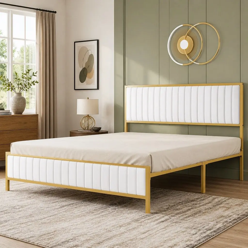Double Bed Frame Padded Headboard Under Bed Storage Beige