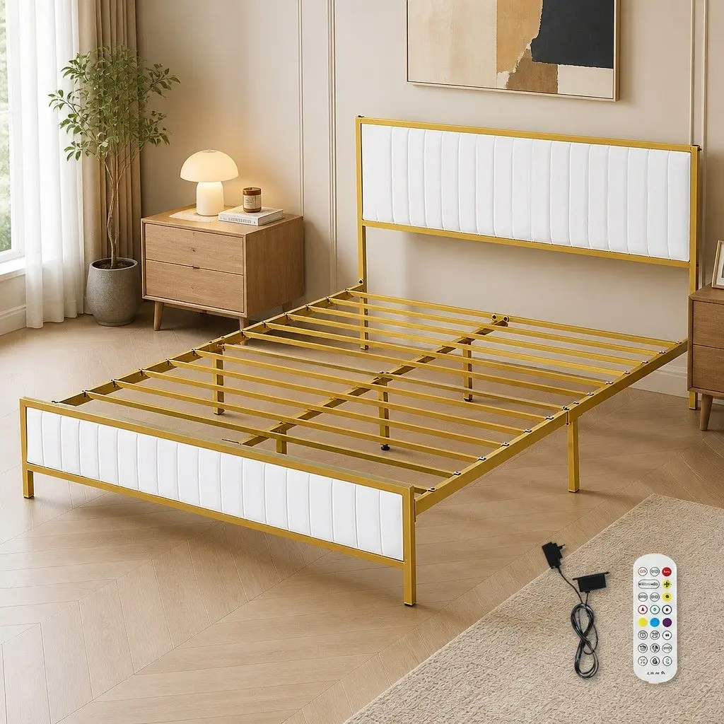 Double Bed Frame Padded Headboard Under Bed Storage Beige