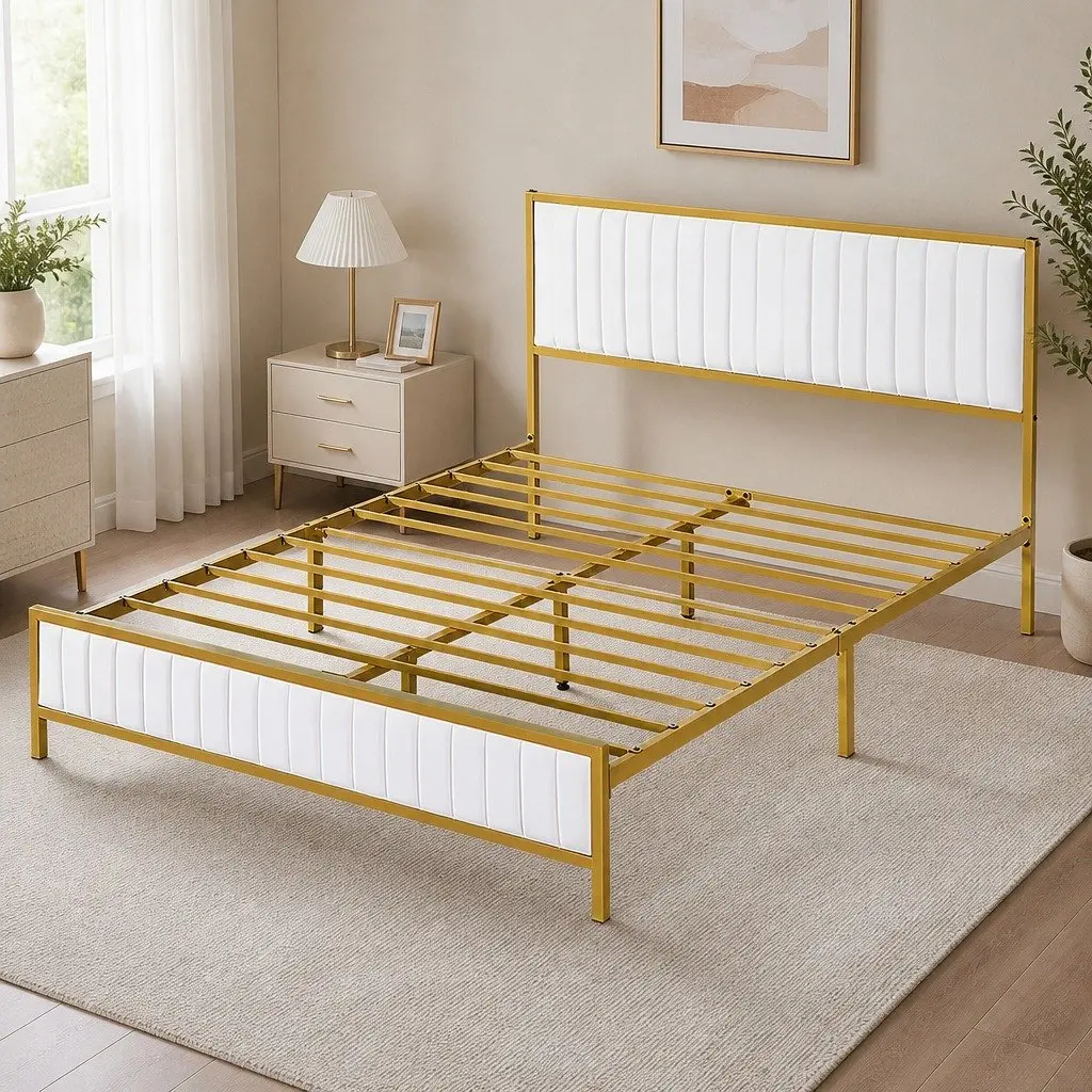 Queen Bed Frame Metal Legs Padded Headboard Under Bed Storage Beige