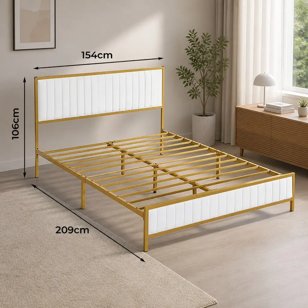 Queen Bed Frame Metal Legs Padded Headboard Under Bed Storage Beige