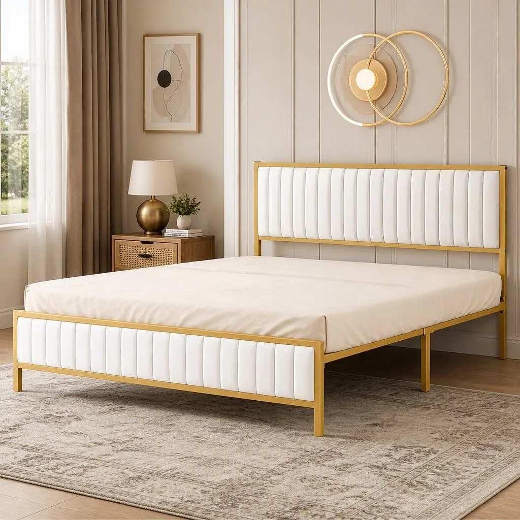 Queen Bed Frame Metal Legs Padded Headboard Under Bed Storage Beige