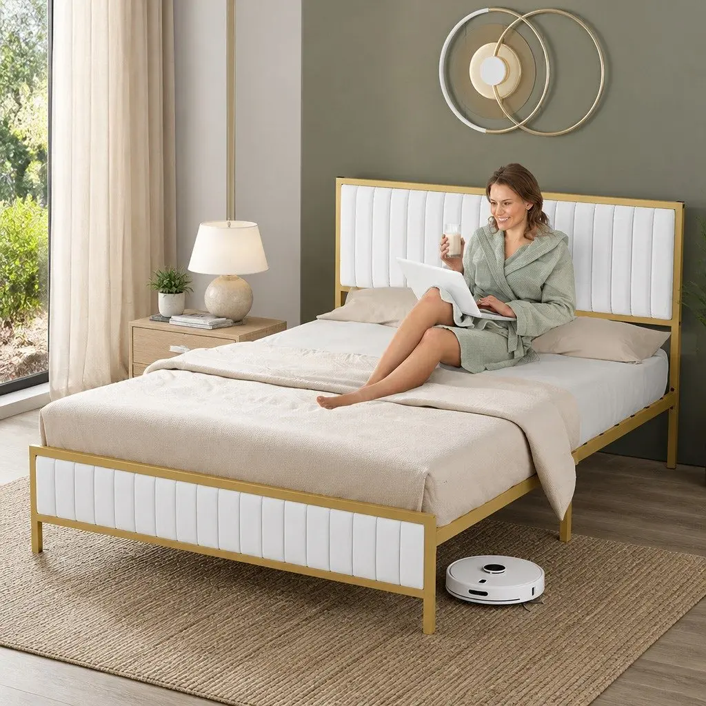 Queen Bed Frame Metal Legs Padded Headboard Under Bed Storage Beige