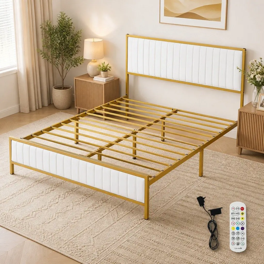 Queen Bed Frame Metal Legs Padded Headboard Under Bed Storage Beige
