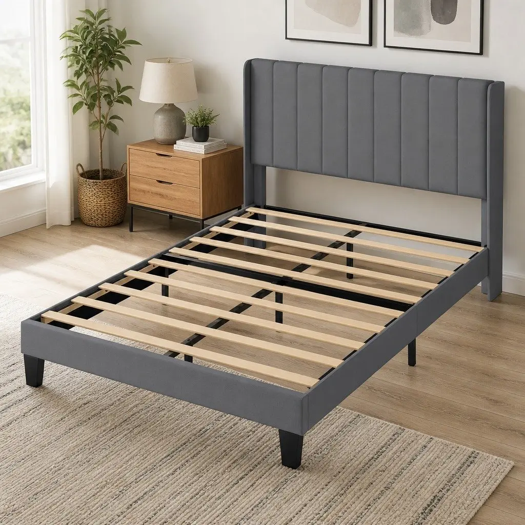 Upholstered Grey Queen Bed Frame with Vertical Panel Headboard Metal and Wooden Slats Platform