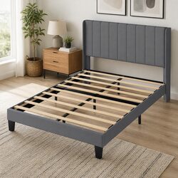 Queen Bed Frame Upholstered Grey Headboard Metal Wooden Slats Platform Bedroom