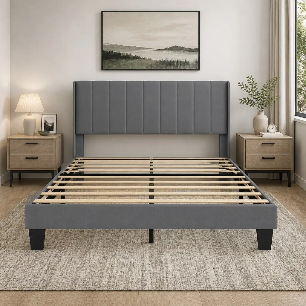 Upholstered Grey Queen Bed Frame with Vertical Panel Headboard Metal and Wooden Slats Platform