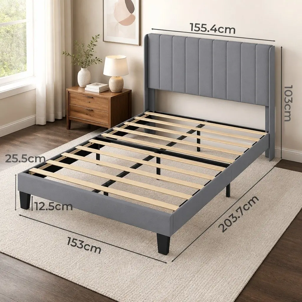 Upholstered Grey Queen Bed Frame with Vertical Panel Headboard Metal and Wooden Slats Platform