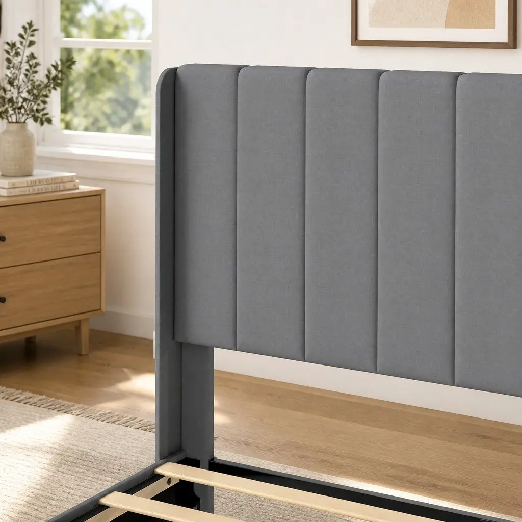 Upholstered Grey Queen Bed Frame with Vertical Panel Headboard Metal and Wooden Slats Platform