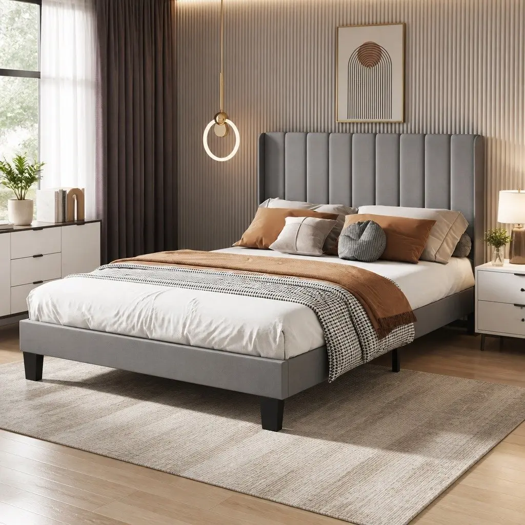 Upholstered Grey Queen Bed Frame with Vertical Panel Headboard Metal and Wooden Slats Platform