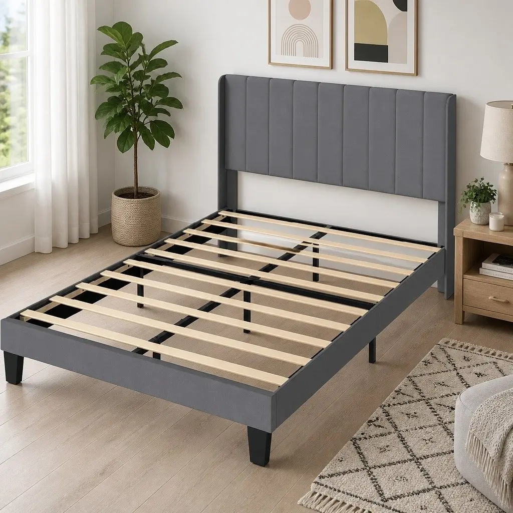 Upholstered Grey Queen Bed Frame with Vertical Panel Headboard Metal and Wooden Slats Platform