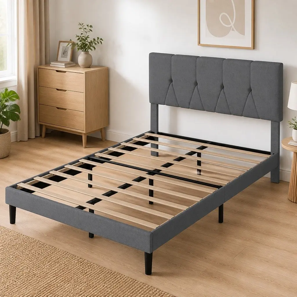 Upholstered Platform Bed Frame Modern Grey Queen Size Storage Wooden Slat Base