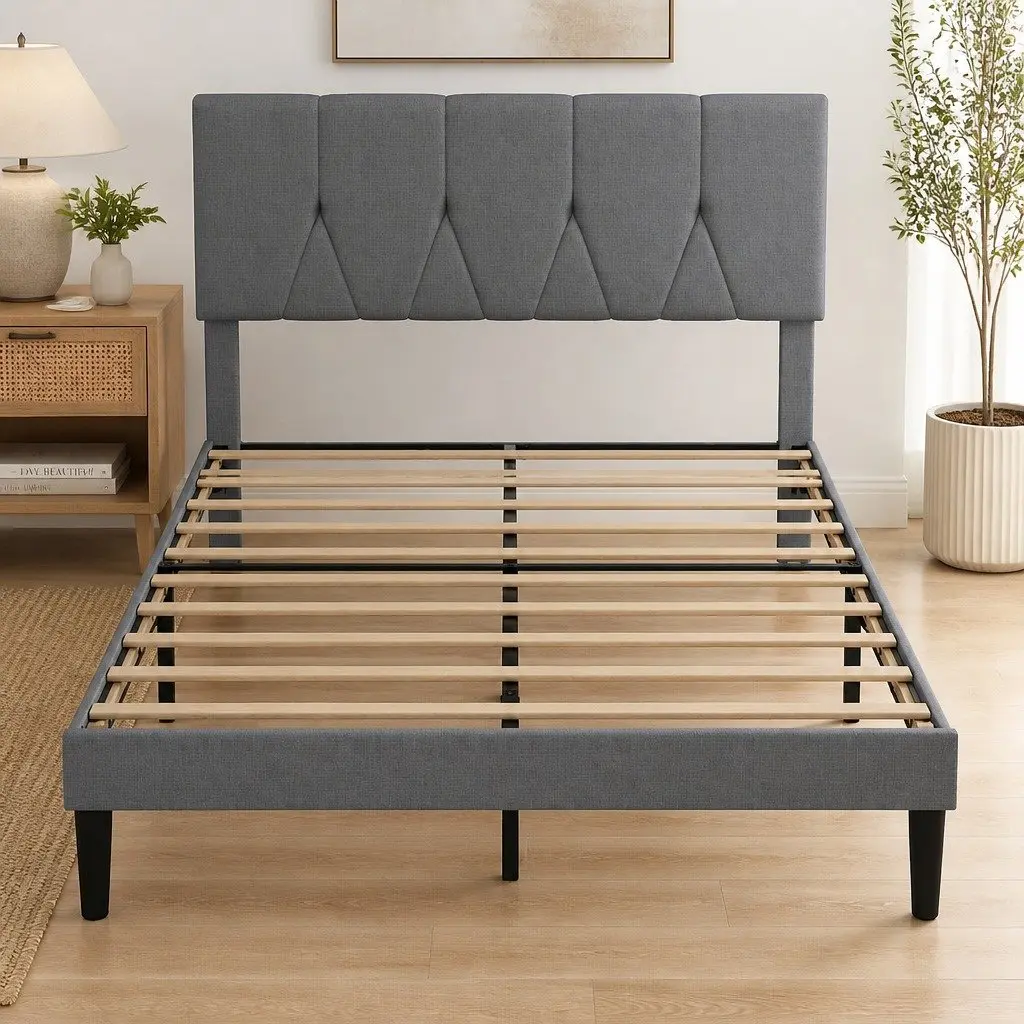 Upholstered Platform Bed Frame Modern Grey Queen Size Storage Wooden Slat Base