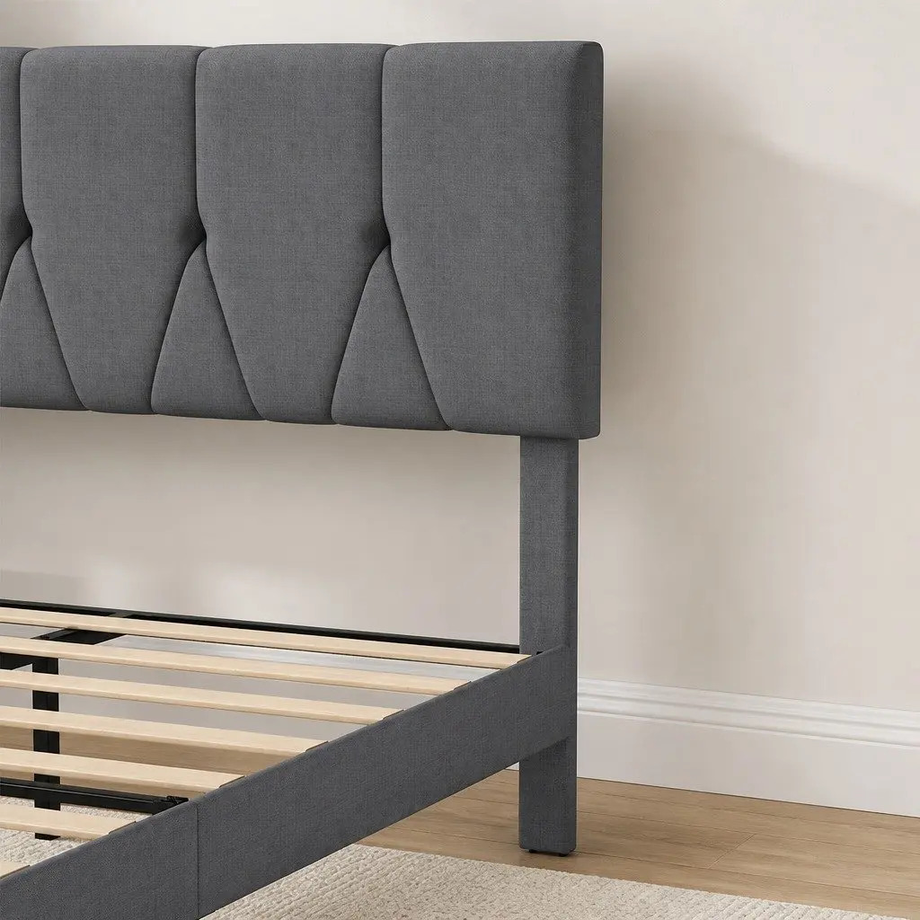 Upholstered Platform Bed Frame Modern Grey Queen Size Storage Wooden Slat Base