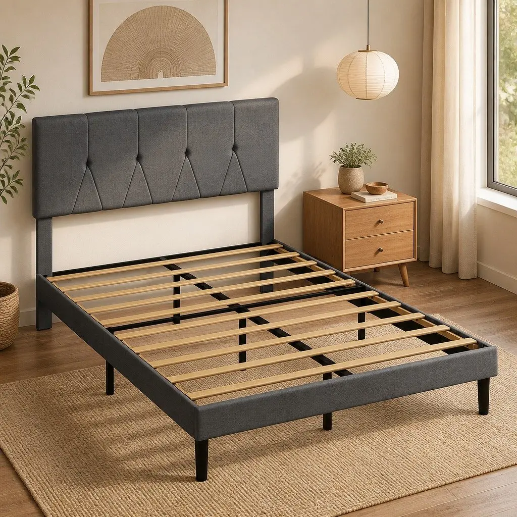 Upholstered Platform Bed Frame Modern Grey Queen Size Storage Wooden Slat Base