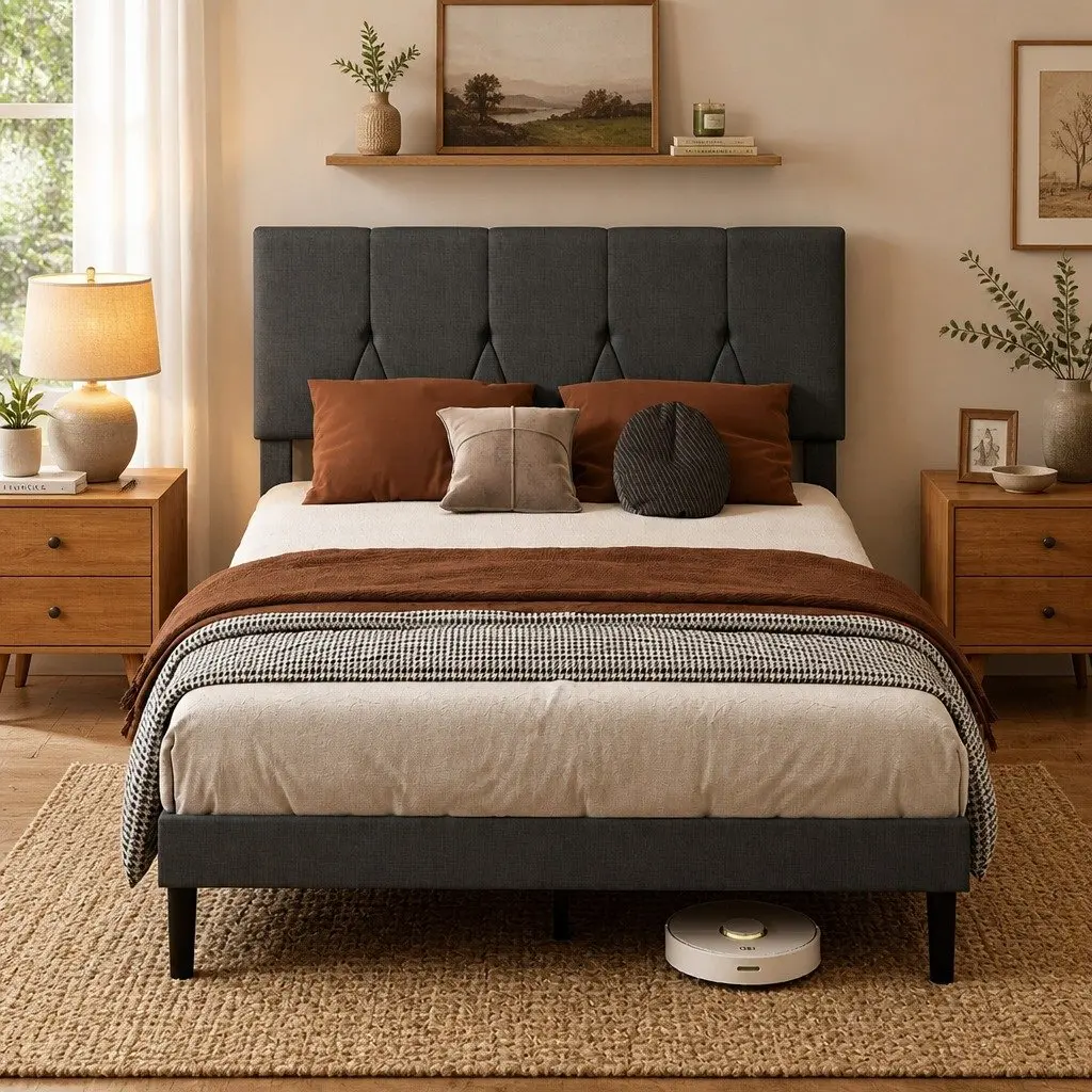 Upholstered Platform Bed Frame Modern Grey Queen Size Storage Wooden Slat Base