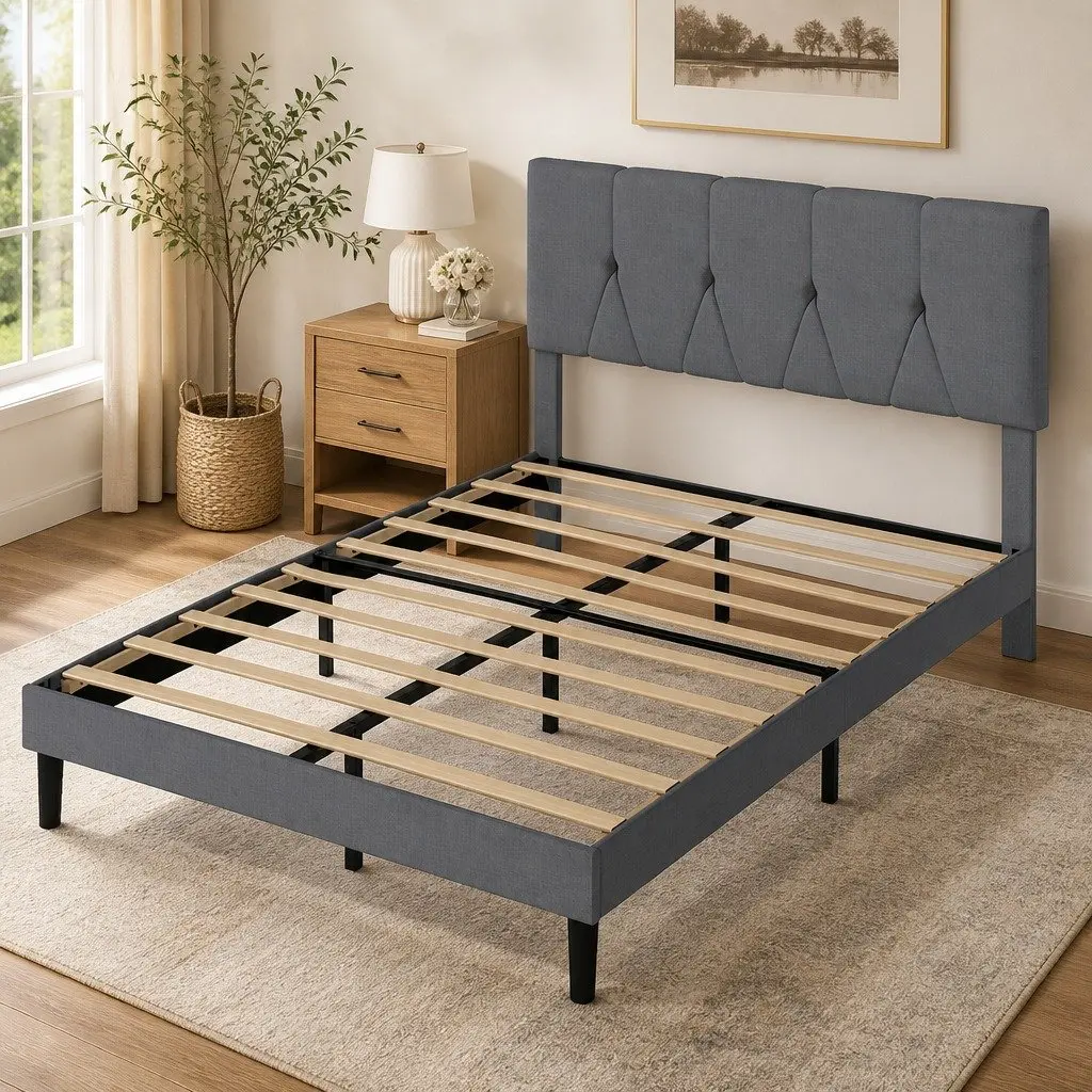 Upholstered Platform Bed Frame Modern Grey Queen Size Storage Wooden Slat Base