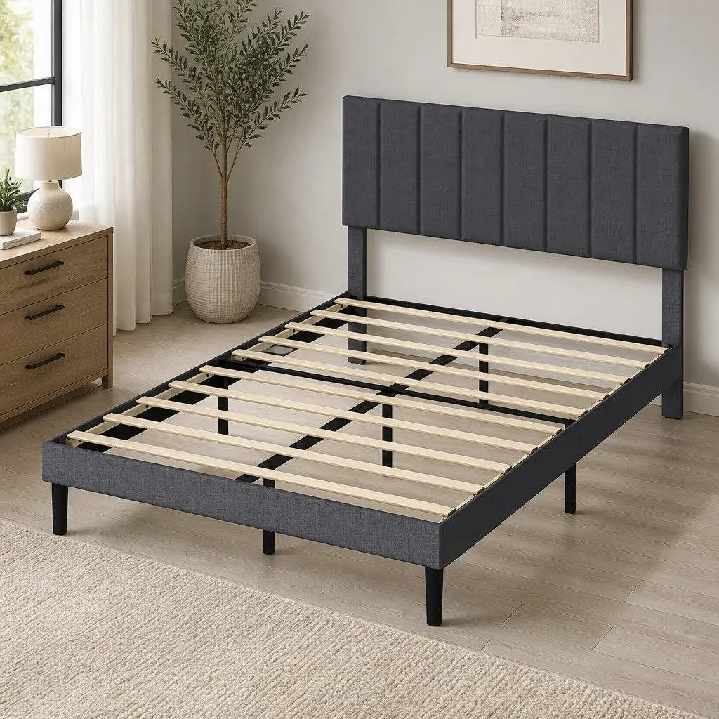 Upholstered Platform Bed Frame Storage Double Size Dark Grey