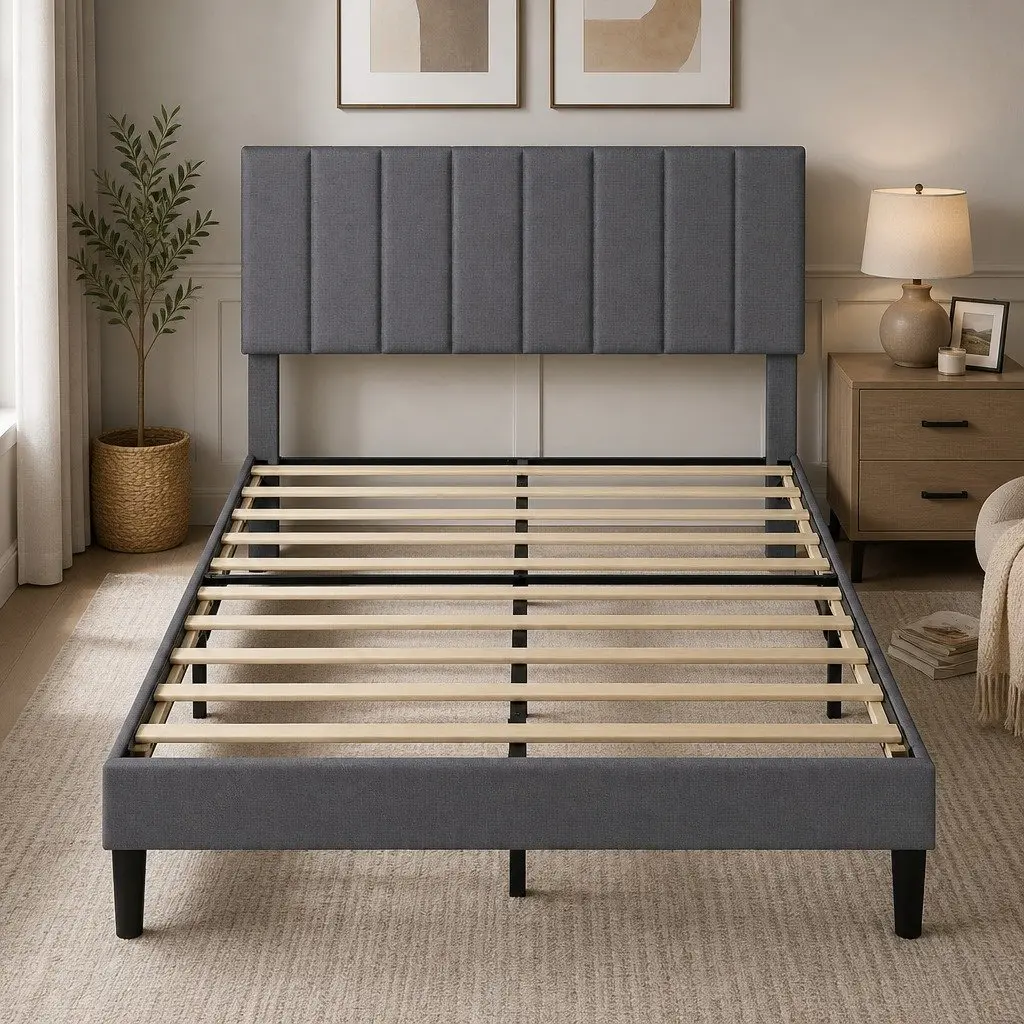Upholstered Platform Bed Frame Storage Double Size Dark Grey