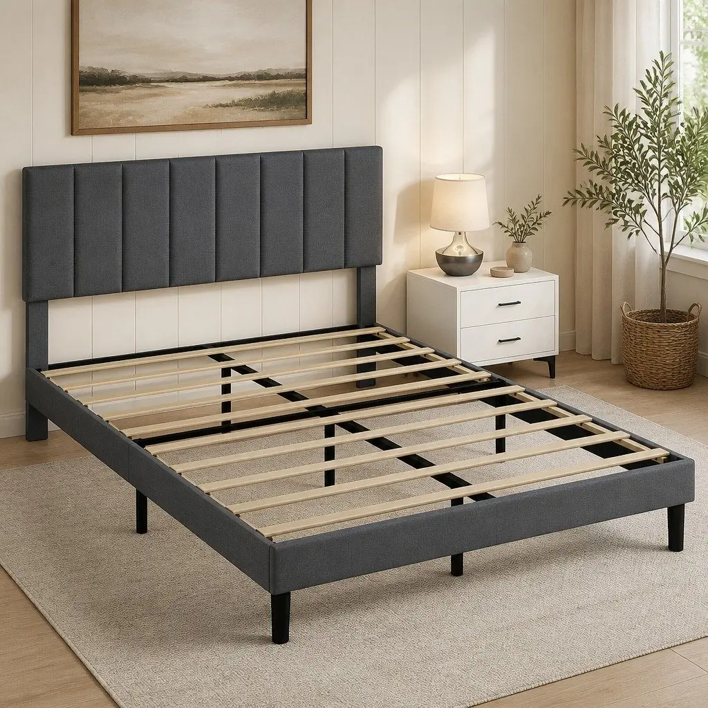Upholstered Platform Bed Frame Storage Double Size Dark Grey