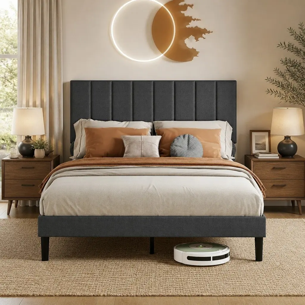 Upholstered Platform Bed Frame Storage Double Size Dark Grey