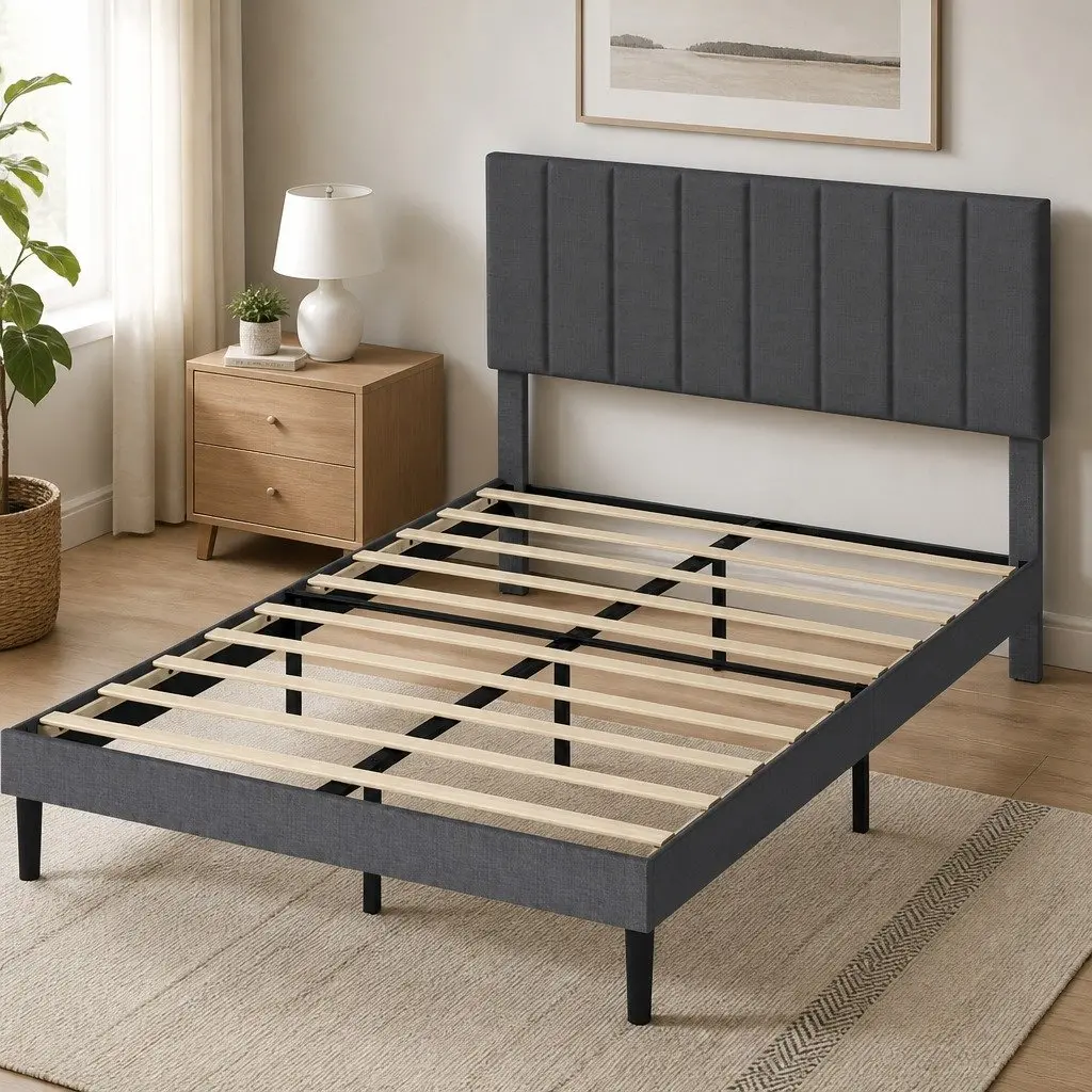 Upholstered Platform Bed Frame Storage Double Size Dark Grey