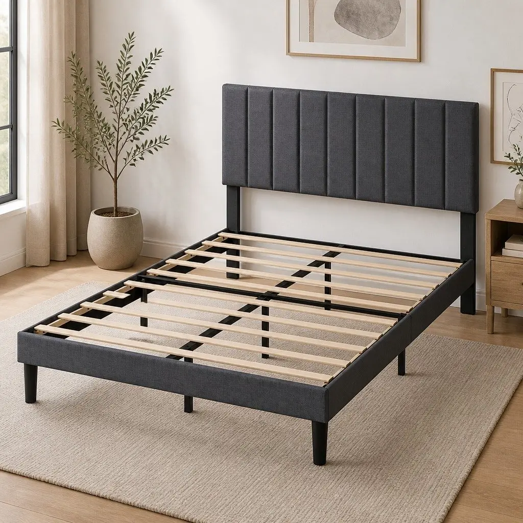 Queen Upholstered Platform Bed Frame Linen Fabric Storage Base Dark Grey