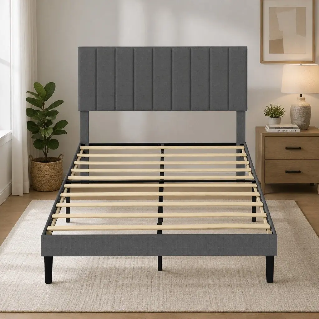 Queen Upholstered Platform Bed Frame Linen Fabric Storage Base Dark Grey