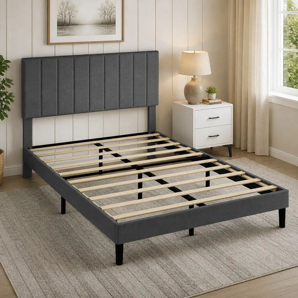 Queen Upholstered Platform Bed Frame Linen Fabric Storage Base Dark Grey