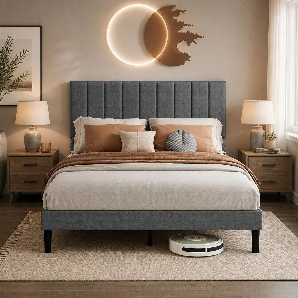 Queen Upholstered Platform Bed Frame Linen Fabric Storage Base Dark Grey