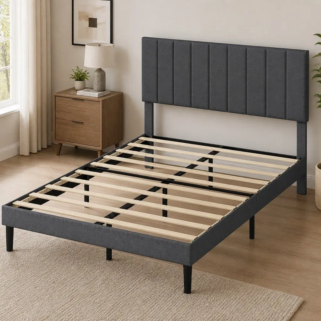 Queen Upholstered Platform Bed Frame Linen Fabric Storage Base Dark Grey
