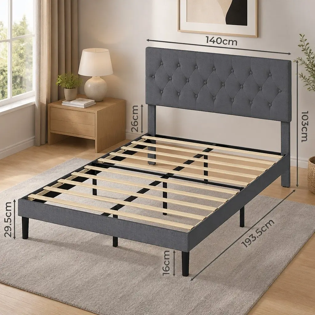 Upholstered Platform Bed Frame Double Mattress Base Wooden Slat Storage