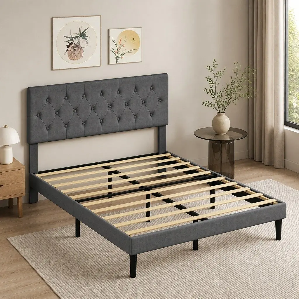 Upholstered Platform Bed Frame Double Mattress Base Wooden Slat Storage