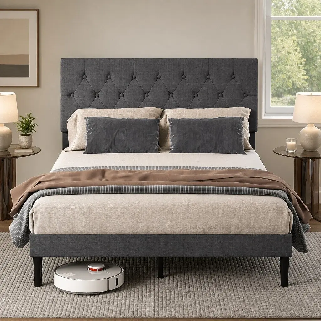 Upholstered Platform Bed Frame Double Mattress Base Wooden Slat Storage