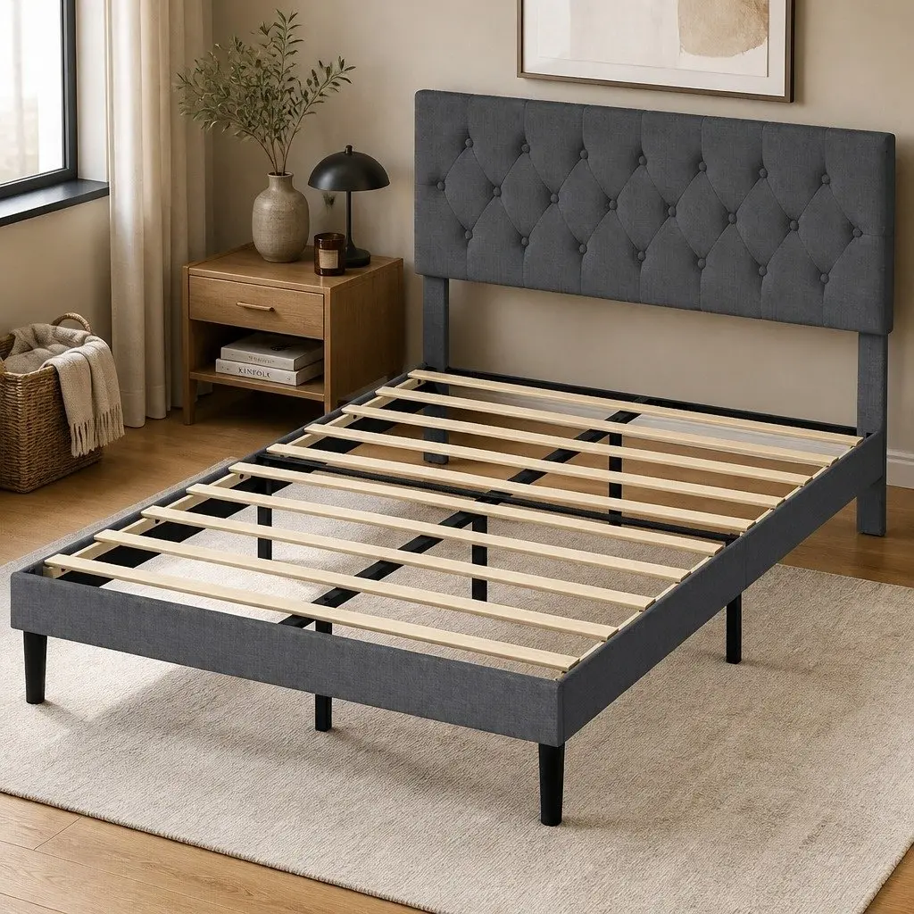 Upholstered Platform Bed Frame Double Mattress Base Wooden Slat Storage